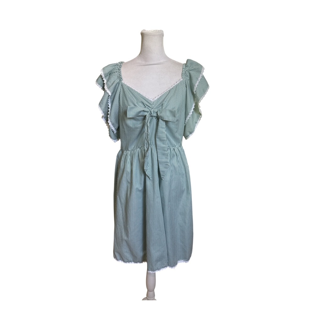 Us Together Green White Striped Flutter Sleeve Eyelet Lace Trim Smocked Dress L